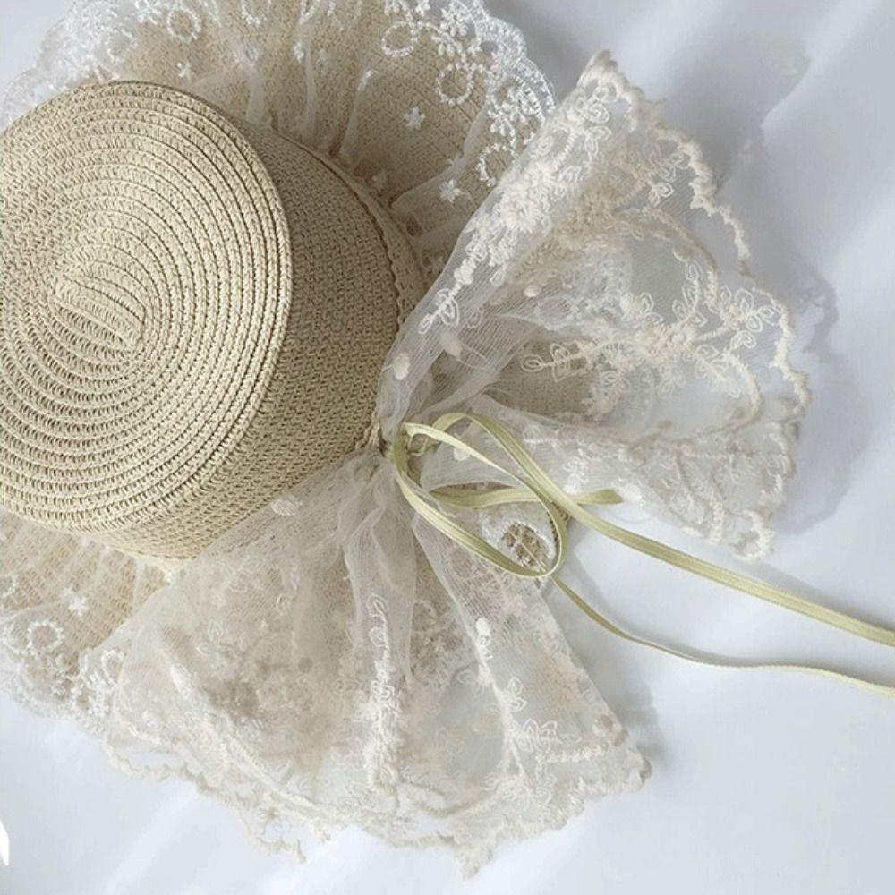 Fisherman Cap Lace Bow Sun Hat Adjustable Lace Ruffle Beach Hat Breathable Straw Wide Brim Hat Sun Protection