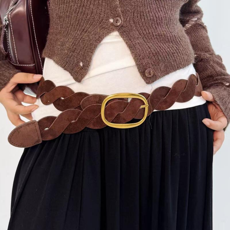 Suede Braided Waist Belt Vintage Gold Oval Buckle Perfect For Dresses Casual Daily Wear Outfits