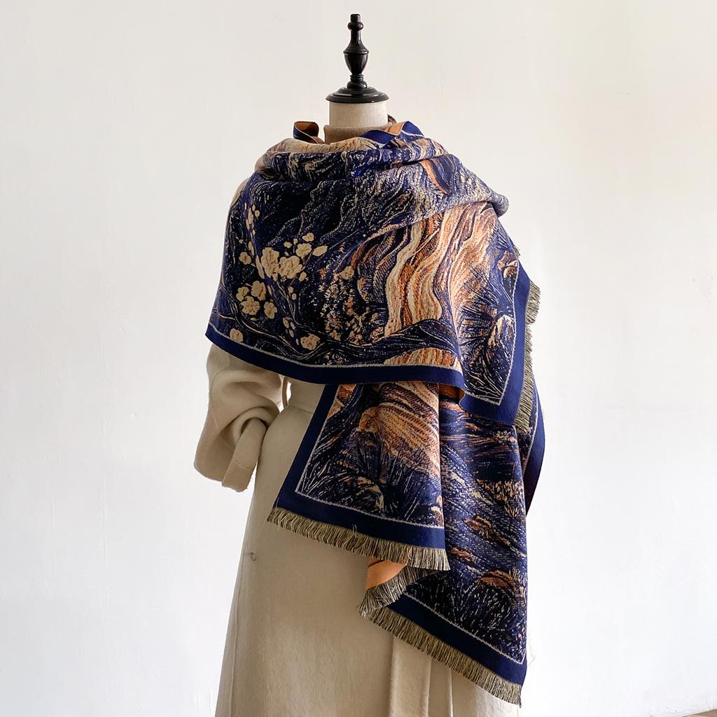 Fashion Oil Painting Floral Print Winter Warm Imitation cashmere Shawl Scarf Women Pashmina Thick Scarves Wrap Female Poncho