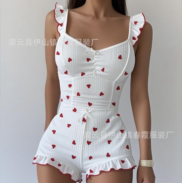 

Popular pajamas suspender sexy ruffle edge multi-color love print comfortable casual loungewear women S