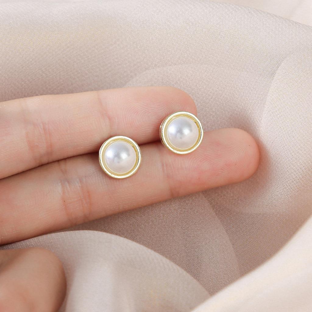 Minimalist Round Pearl Stud Earrings with Metal Frame Simple Small Size Lightweight Design Suitable for Daily Wear and Special Occasions