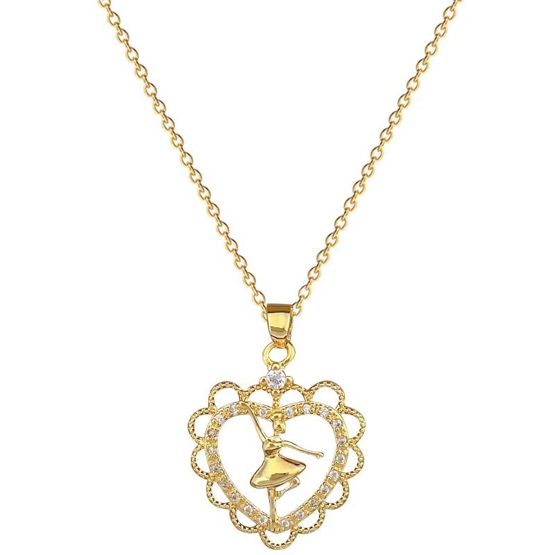 Gold Plated Lace Heart Ballerina Pendant Necklace Crystal Inlaid Dancer Girl Necklace Ballet Jewelry Gift for Dance Lovers