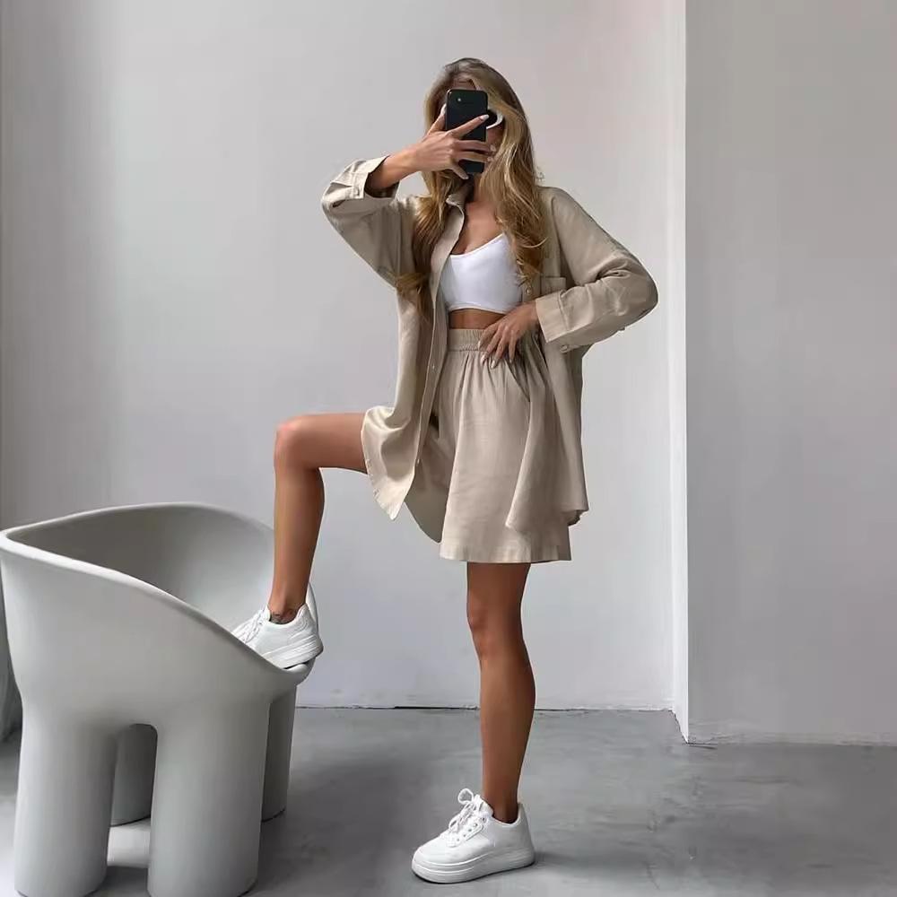 Spring & Autumn Loose-Fit Solid Color Single-Breasted Shirt and Fashion Shorts Sports Suit