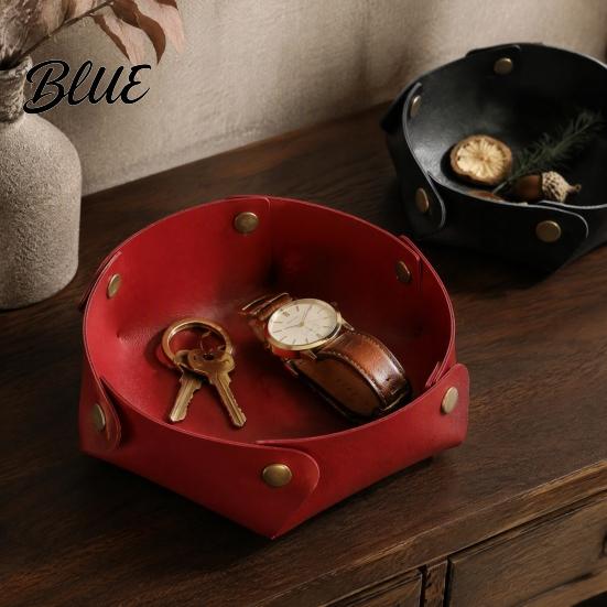 Modern Office Desk Decor PU Leather Folding Storage Tray, Waterproof Portable Jewelry Dish, Dresser Top Organizer Retro Rivet Desktop Tray for