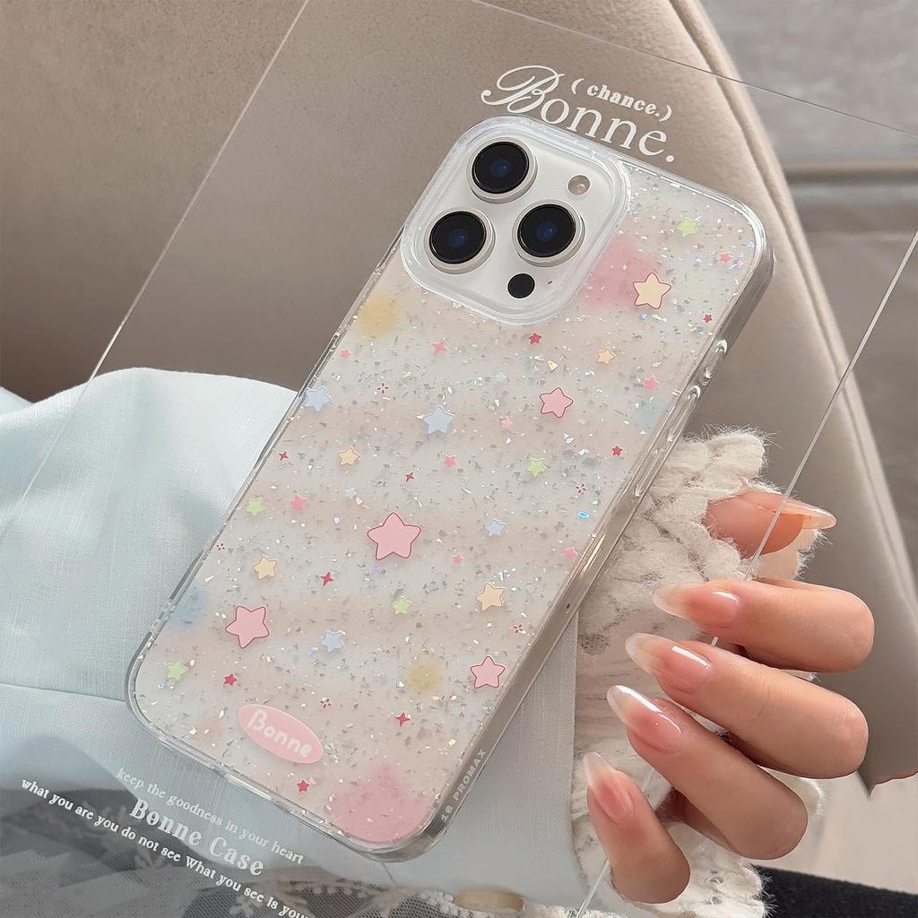 Lovely Colorful Stars Dazzling Fine Glitter Transparent Protective Phone Case for iPhone 11 12 13 14 15 16 17 Pro Max Plus Air