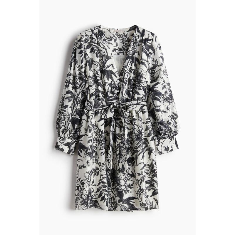 

HM Women s Clothing Florals Dress Fall V-neck Lantern Sleeve Waist Belt Micro-Pull Skirt Dress 1229402