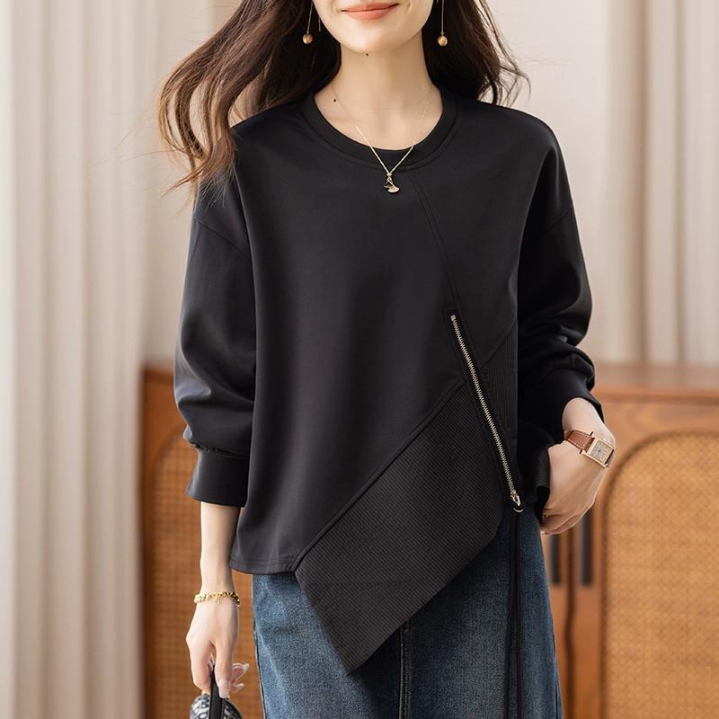 DIMANAF 2025 Autumn T-shirt Solid T-shirt Women Zipper Solid Long Sleeve Loose Tops Tees