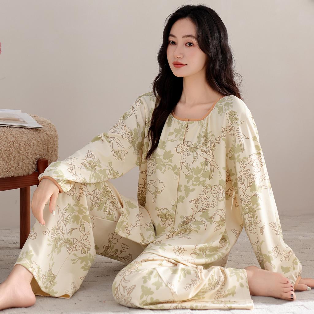 Pajamas women's spring and autumn pure cotton long-sleeved chest pad middle-aged mother autumn 1011 new anti-bumping loungewear