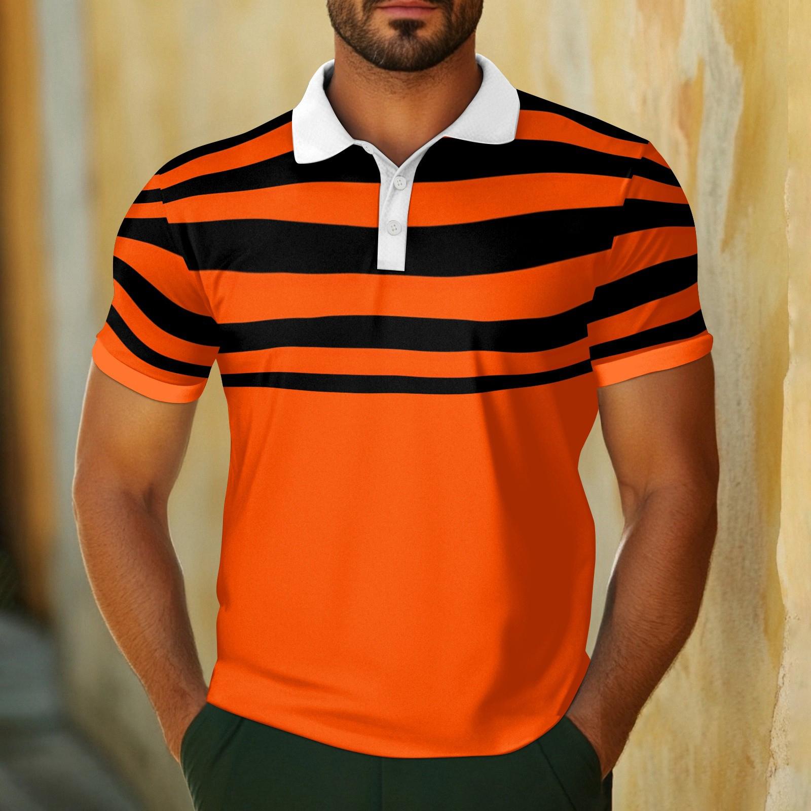 Men s Casual Breathable Short Sleeve Striped Plaid Printed  Shirt XL оранжевый