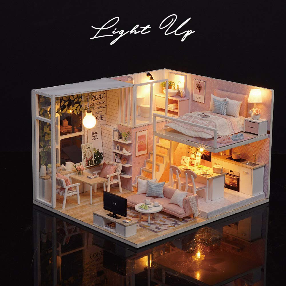 moin moin Dollhouse Miniature DIY Kit Set, Modern Model Room-Style Interior, Stylish Two-Story House with LED Light and Acrylic Case (felice)