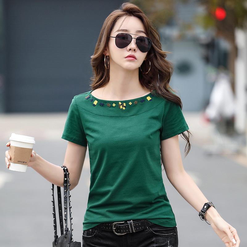 

Жіночі вільні повсякденні сорочки Harajuku Sexy Bateau Collar Вишиті топи Футболка Жіноча літня бавовняна футболка з короткими рукавами M зелений