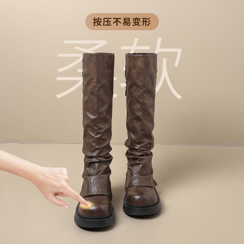 Augustine Brown Boots Women's 2025 New Autumn But Knee Retro Maillard Stacking Pants Tube Boots Tide