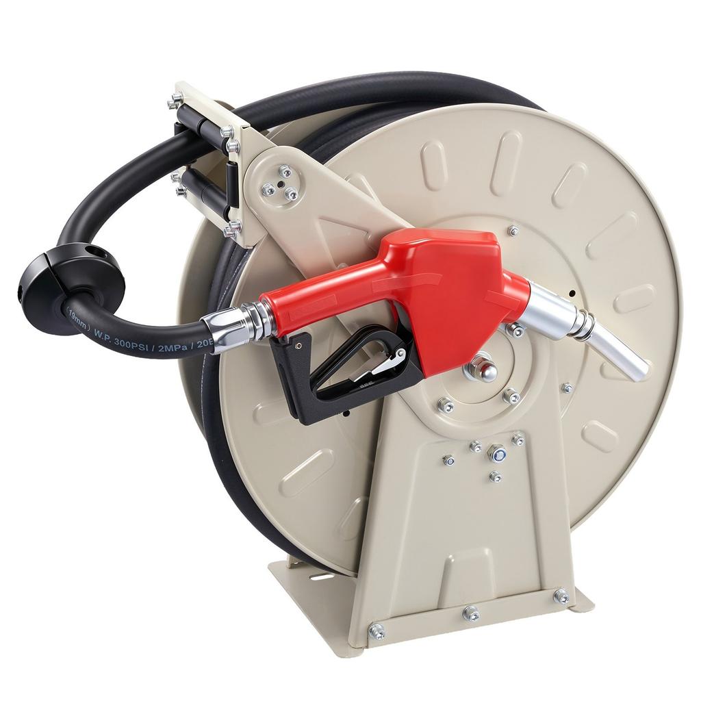 Fuel Hose Reel, 19.05 x 15000 mm Retractable, Spring Driven Auto Swivel Rewind, 300 PSI, Heavy-Duty Carbon Steel Construction with Industrial Grade