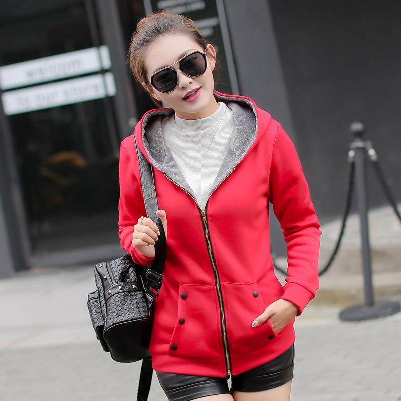 Women's Fleece Lined Hooded Jacket Thickened Autumn Winter Mid Length Coat Inner Fur Versatile Cardigan