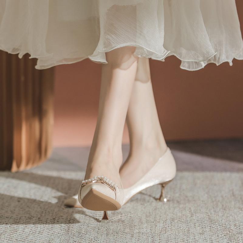 French high heels niche pearl advanced new pointy skinny shoes for women not tired feet suitable for daily commuting