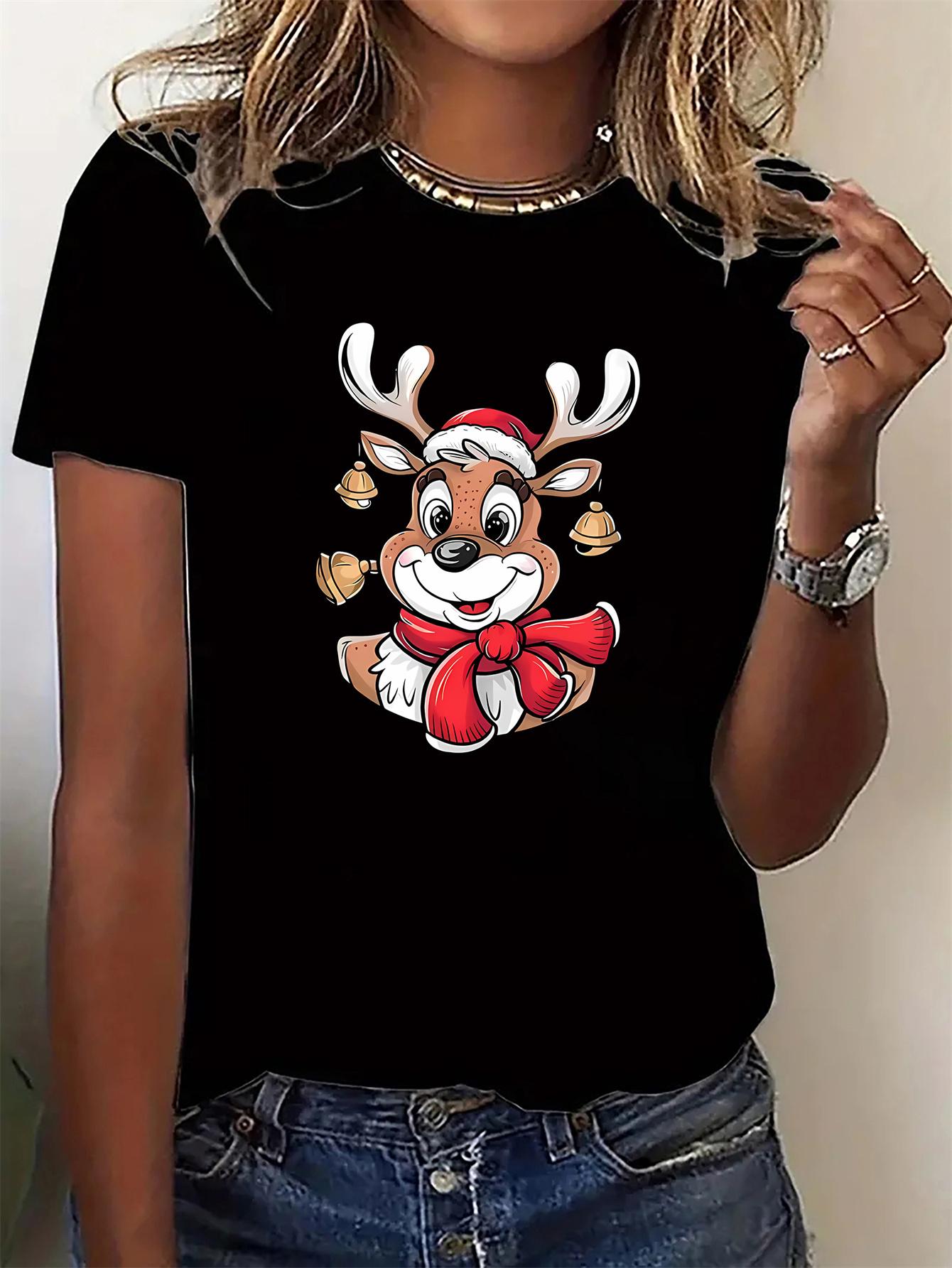 

Womens Christmas Reindeer Print TShirt Casual Crew Neck Short Sleeve Fit Women for Summer Casual Tshirt Clothing S