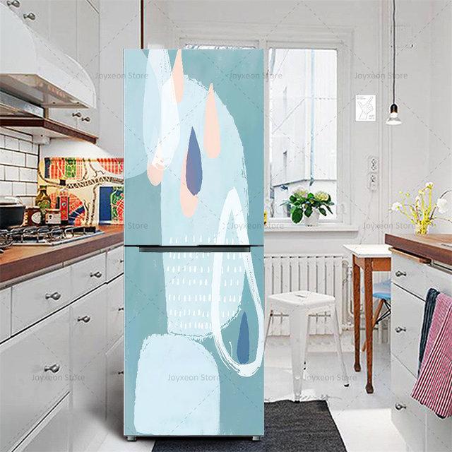 Autocolant pentru frigider cu flori retro, fundal albastru deschis, vinil, PVC, impermeabil, autocolant, poster mural, autocolant decorativ pentru frigider