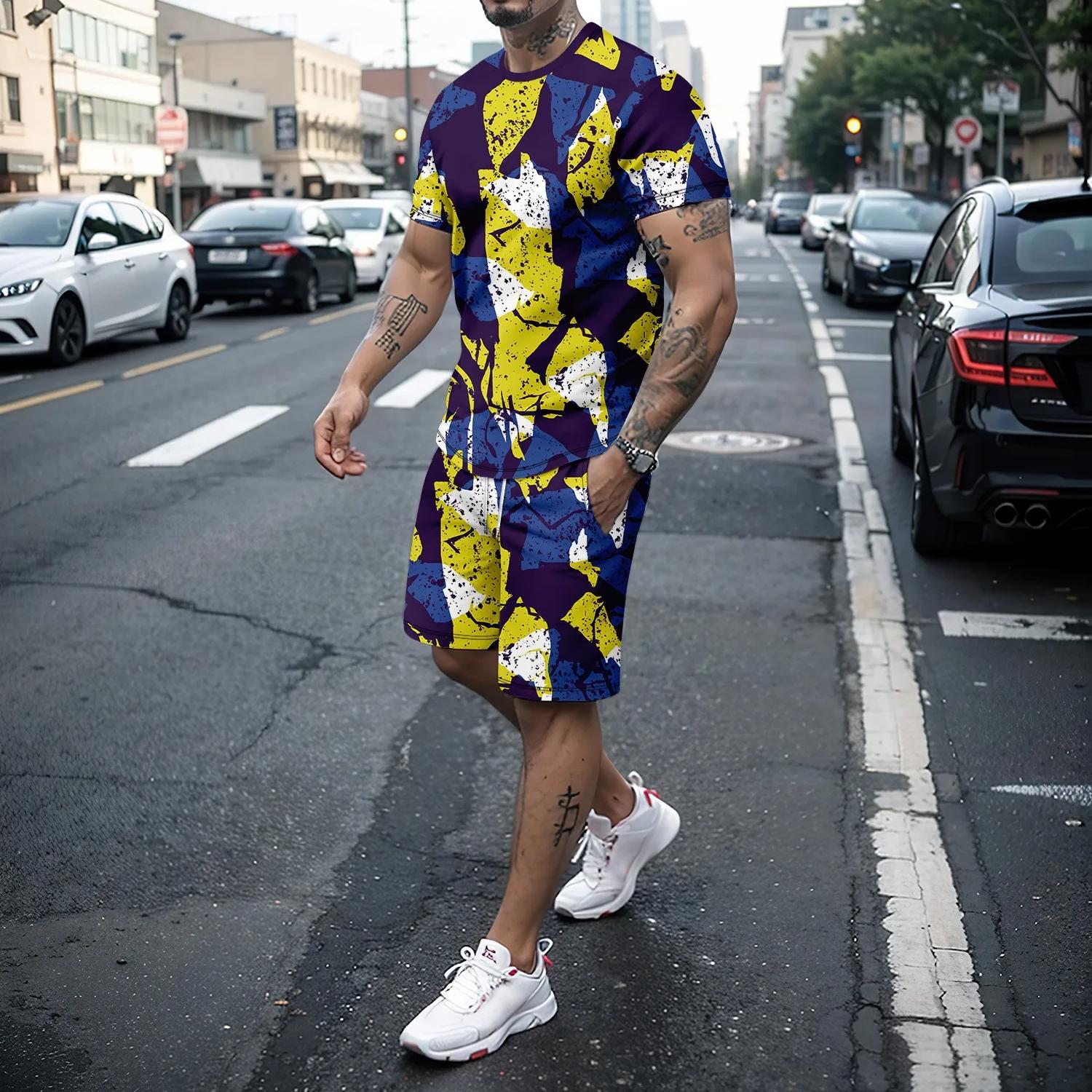 

Мужская летняя мужская футболка с короткими рукавами и модные шорты из полиэстера, летняя мужская футболка в стиле милитари в стиле ретро и модные шорты, дорожный уличный комплект 6XL