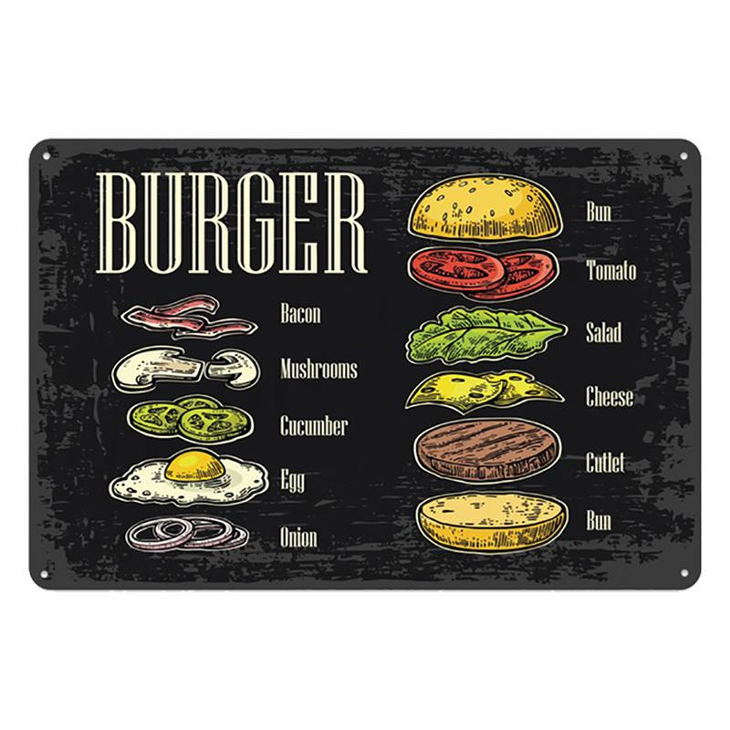 Hot Burgers Plaque Metal Tin Sign Vintage Poster Fried Chicken Retro Plate Wall Decor for Kitchen Restaurant Shop