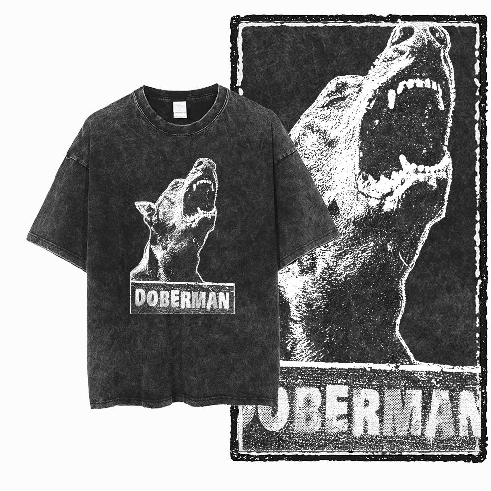 DoberUnisex Dog Vintage Graphic Printed Washed Distressed Big Size Black Cotton Unisexs Retro TShirt G