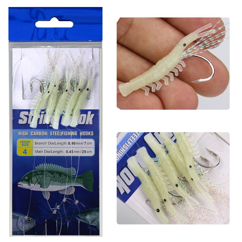 6 Pack Glow in Dark Saltwater Shrimp String Hooks 5 Hooks High Visibility Pre-Rigged 1-6 Mixed Sizes Fishing Lure Bait Tackle Kit