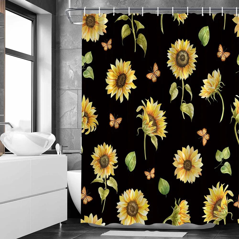 Yellow Sunflower Shower Curtain Summer Floral Fabric Decorative Bathroom Hanging Curtains Autumn Rustic Botanical Bathroom Decor