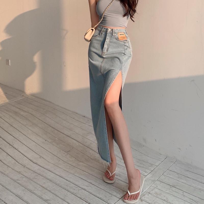 Summer 2024 Women's High Waist Slim Denim A-Line Split Skirt