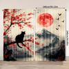 2pcs Elegant Japanese Sakura Sheer Curtains – Black Cat & Mount Fuji Design for Bedroom & Living Room Decor