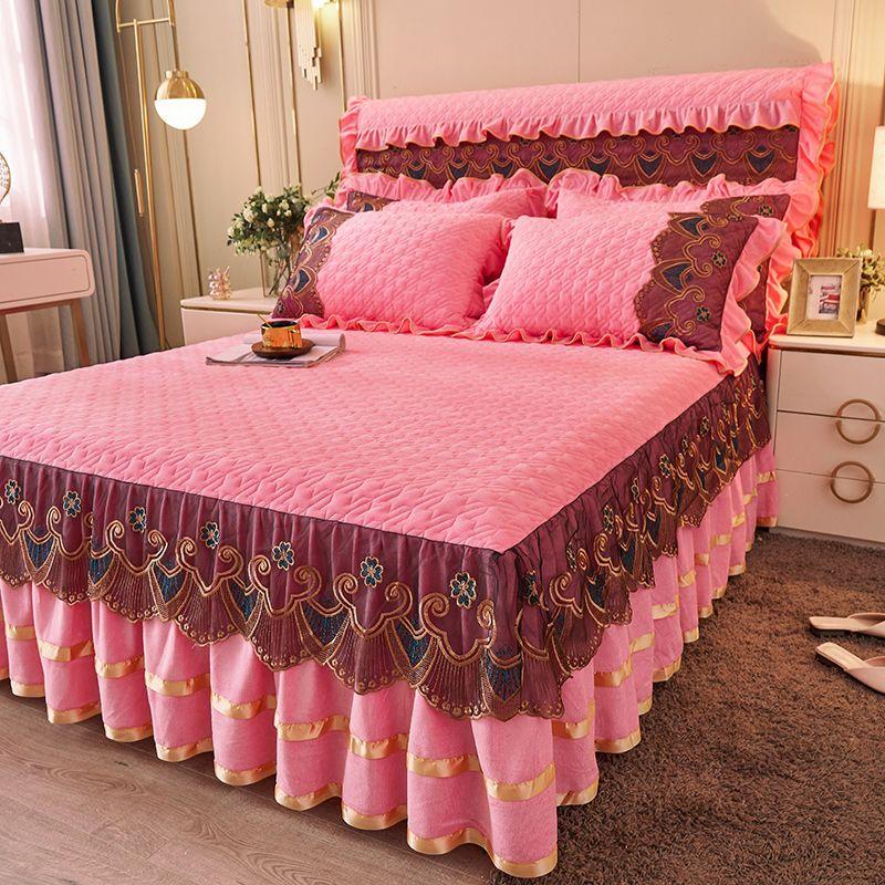 Quilted Bed Skirt Set with Heart Embroidery Lace Trim and Tie-Up High Drop  Includes 1 Bed Skirt and 2 Pillowcases