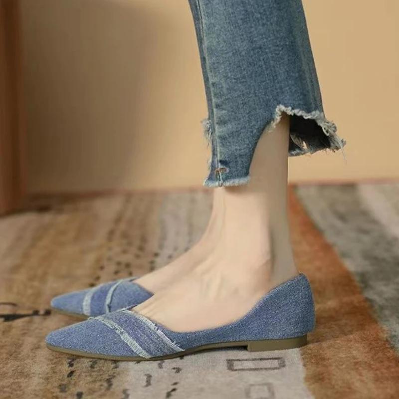 Fashion Denim Pointed Toe Blue Ladies Footwear Elegant Party Solid Color Social Fashionable 2025 Trend Chic Point 39 Women's Flat Shoes