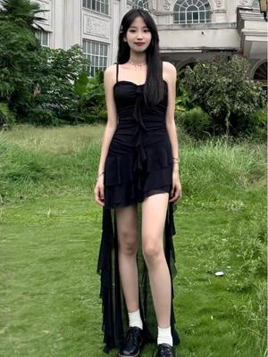 French Ruffle Patchwork Slim Fit Camisole Dress - Women's Irregular Hem Fairy Style