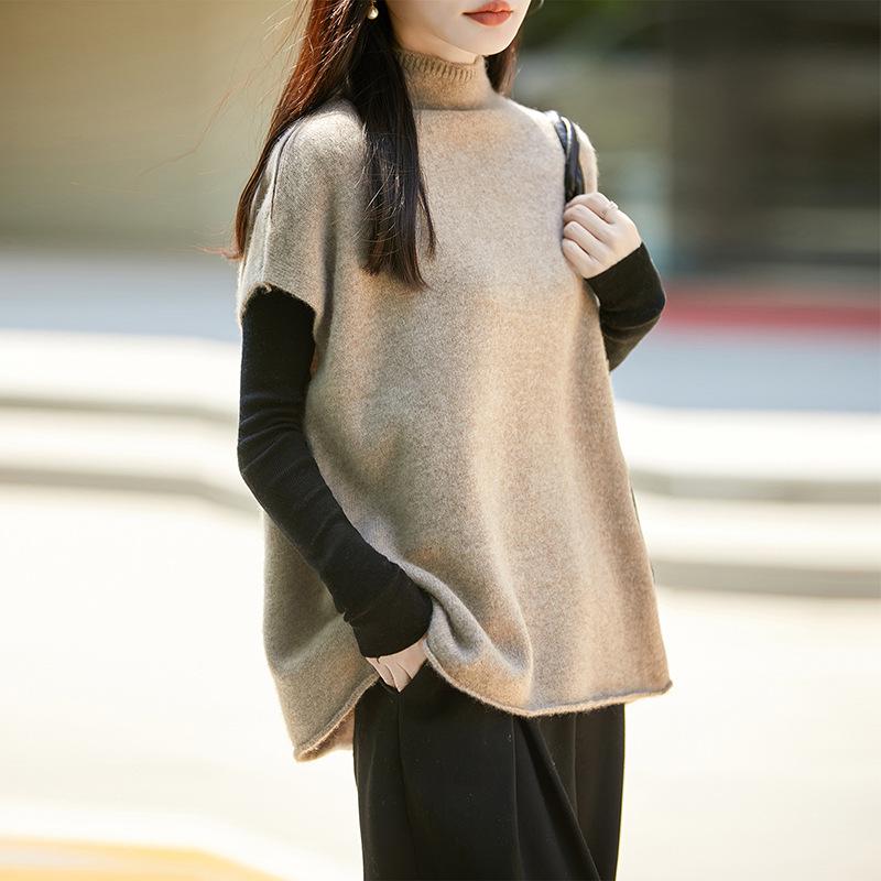 Autumn/Winter Women's Wool Sleeveless Rolled Hem Vest Top with High Neck - Elegant Shawl Style Sweater