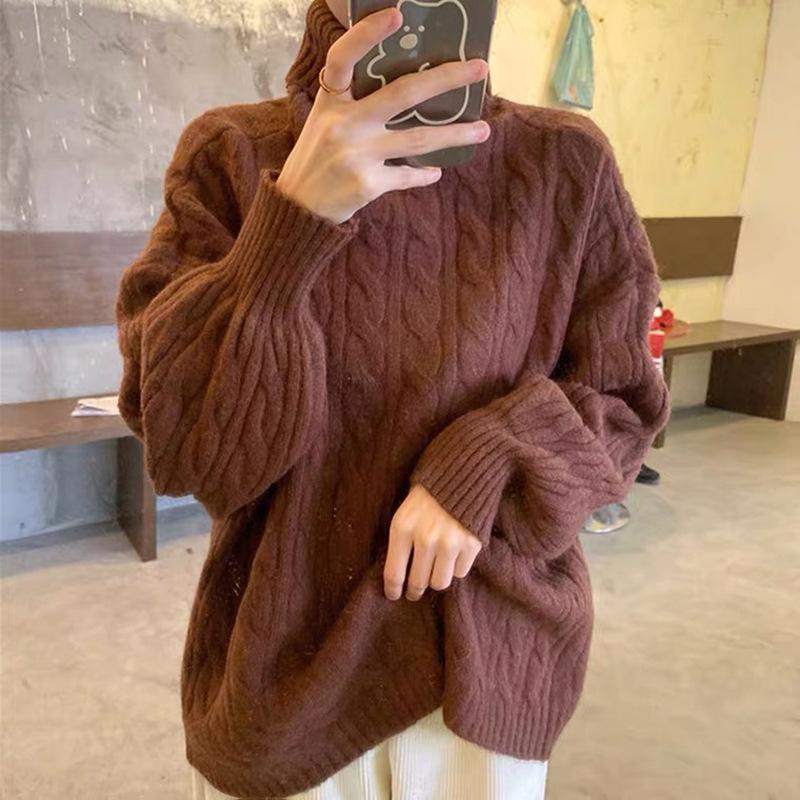 Autumn and Winter New Simple Casual Turtleneck Pullover Women's Loose Lazy Twist Knitted Sweater Jacket