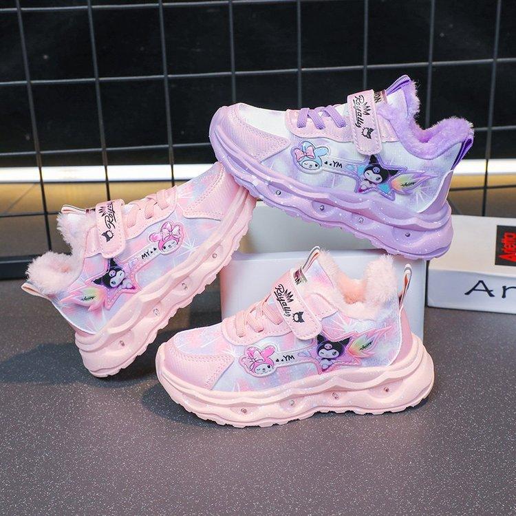 Kuromi Girls' Sneakers with Lights, New Autumn and Winter Children's Leather Shoes, Warm and Plush Running Shoes for Toddlers and Young Children