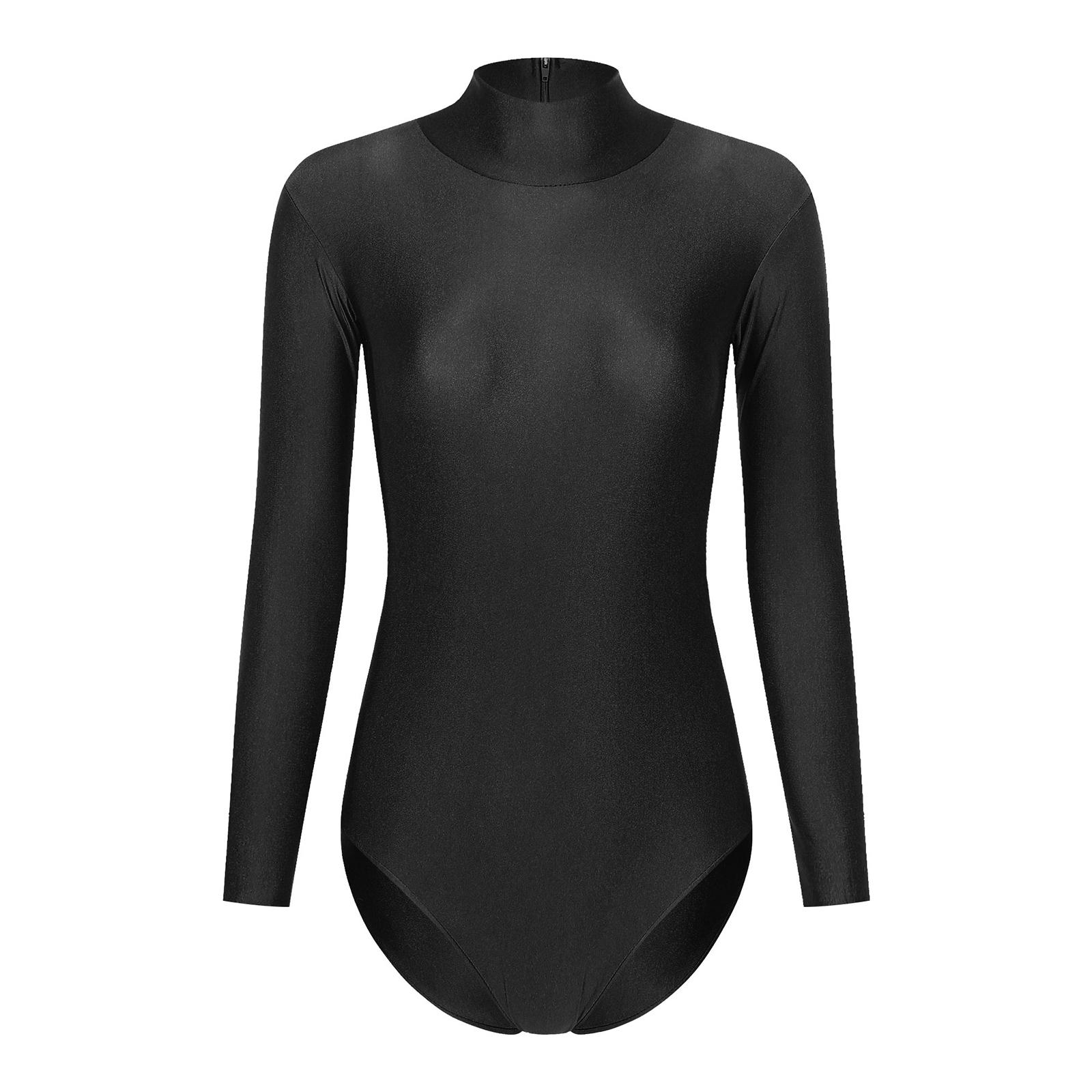 

Жіночий боді для танців, з коміром-стійкою, довгим рукавом, однотонний, із застібкою-блискавкою ззаду, еластичний леотард, одяг для гімнастики M чорний