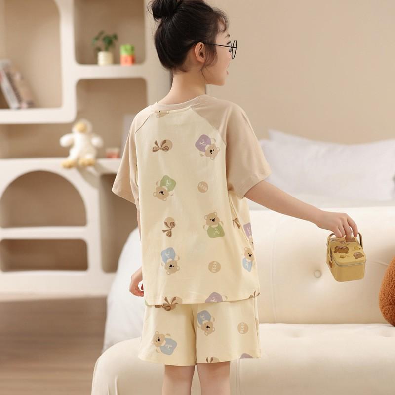 Girls Cotton Pajama Set Short Sleeve Cartoon Print Lightweight Sleepwear Ages 8