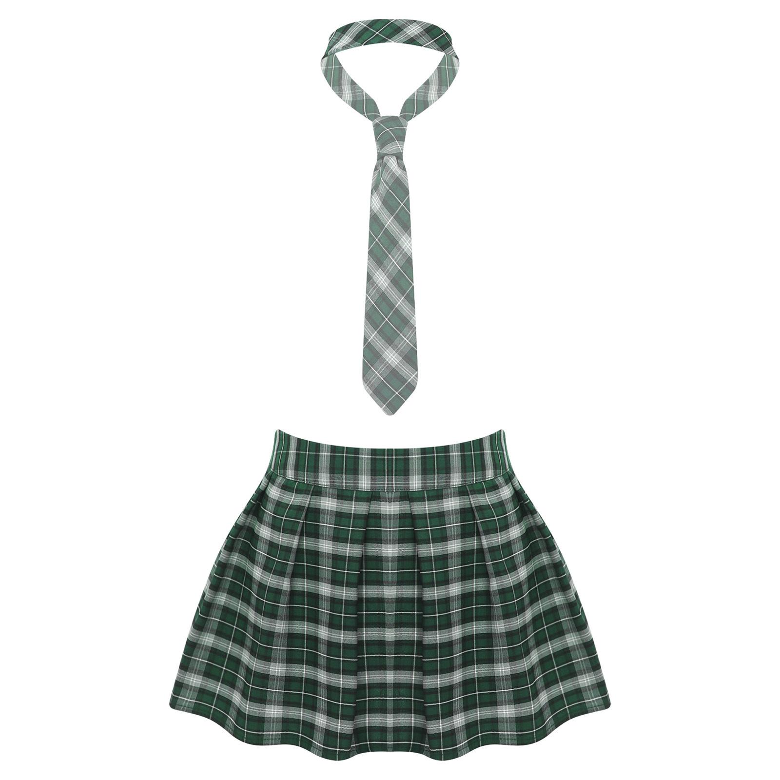 

Womens Schoolgirl Costume Plaid Pleated Skirt Zipper Front Necktie Included Role Play Party Dress Ball Outfit 3XL зелений