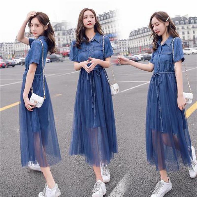 

2022 Women s Summer Denim Dress: Waist-Cinching, Slimming French Fairy Style with Mesh Skirt. 2XL джинсовий синього кольору