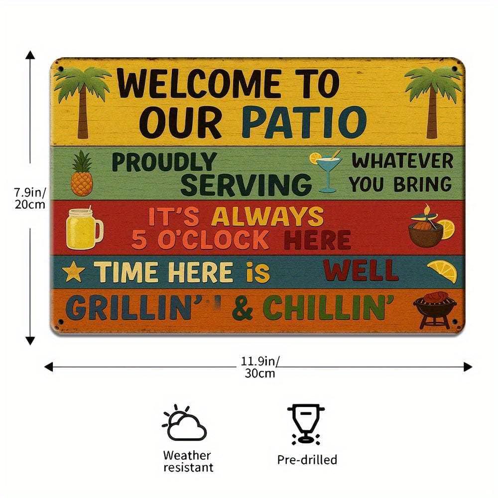 "Welcome To Our Patio" Rustic Metal Sign, Vintage-style Decor.