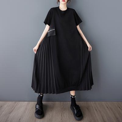 DIMANAF 2025 Women Plus Size Summer Dress Casual Solid Dress Basic Vintage Loose Long Pleated Dress
