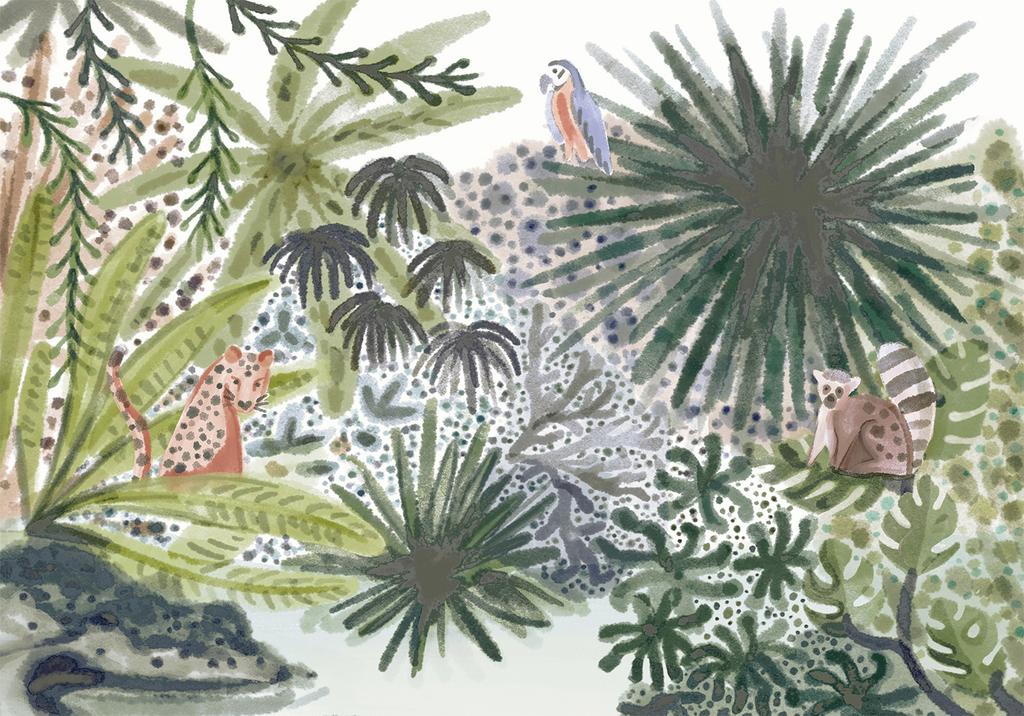 Fototapeta - Flora Madagaskaru - Krajobraz Tropikalny Z Akwarelowymi Zwierzętami