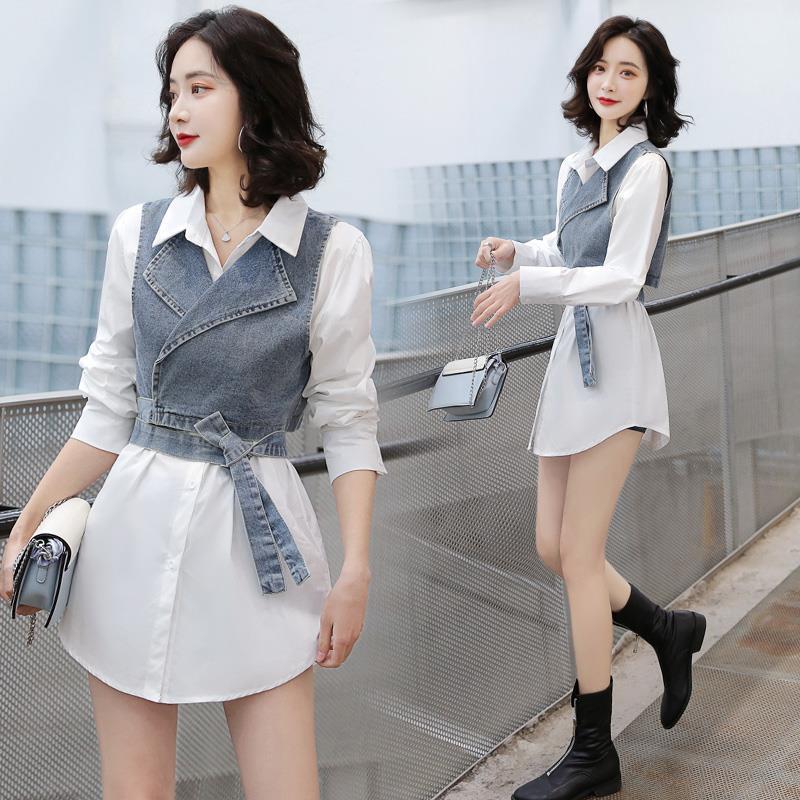 Elegant 2025 Spring/Summer Two-Piece Set: Solid Shirt + Denim Vest