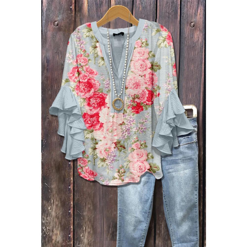 Large Women's Bohemian V-neck Shirt with Ruffle Sleeves, Grey Brown Floral Print Top, Casual Breathable Machine Washable Pullover