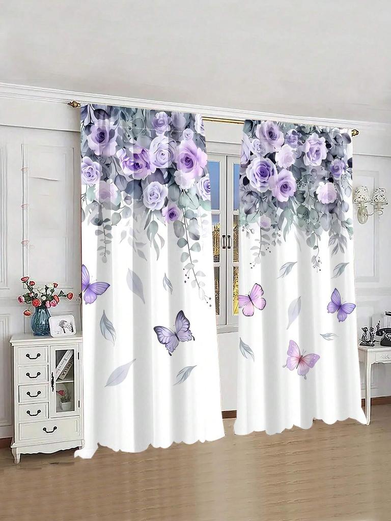 2pcs/Set Countryside Sunflower,Chrysanthemum,Red&Yellow Rose,Ivy Printed Trendy Floral Curtains Used For Living Room Room,Bedroom,Home