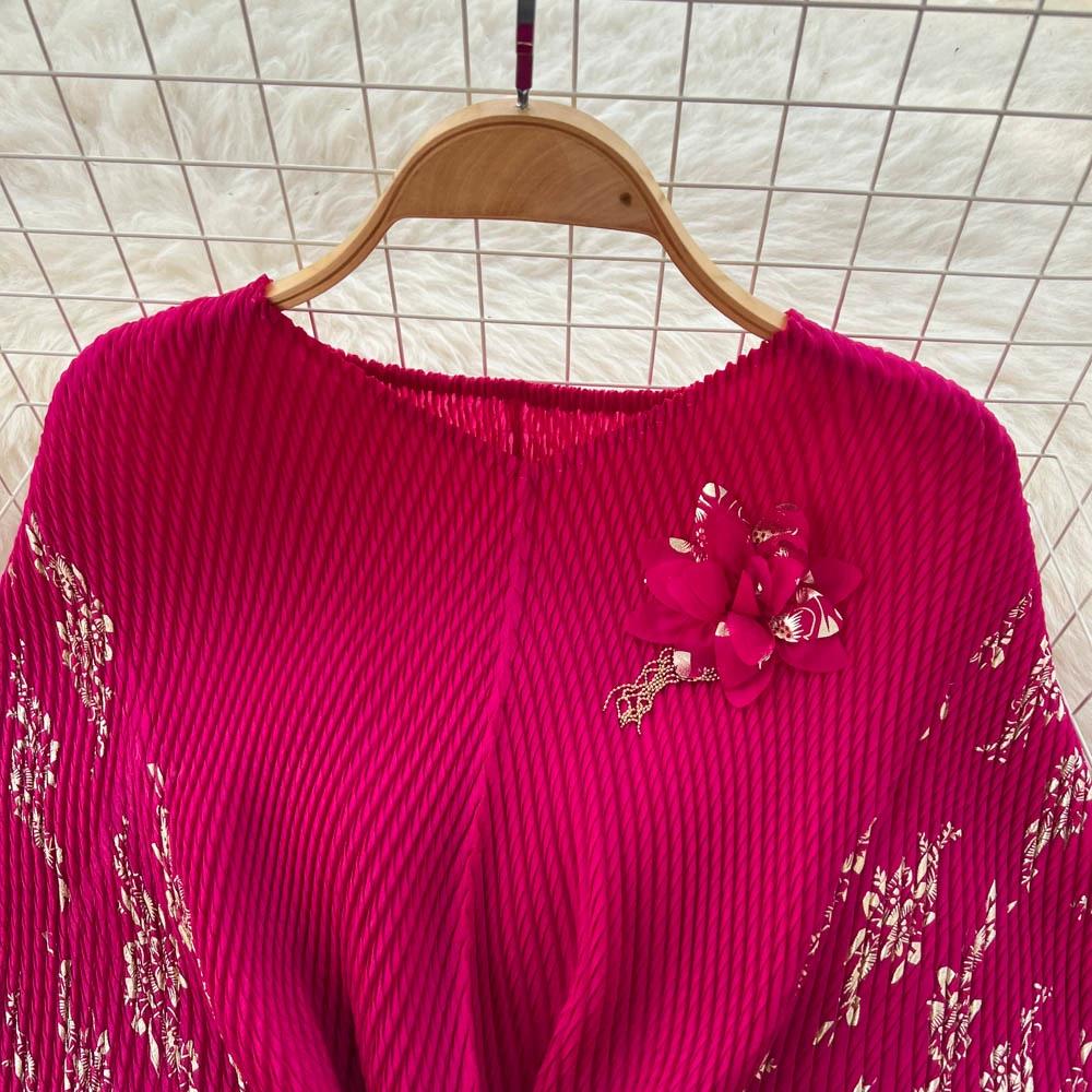 Jarní podzimní dámské elegantní 3D květinový tisk Miyake s přehybem a netopýřím rukávem, nadměrné volné skládané šaty s páskem