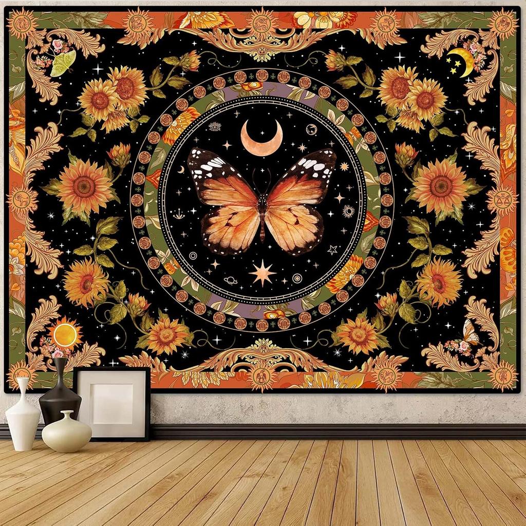 Sun and Moon Tapestry Boho Hippie Orange Red Blue Floral Tapestry for Bedroom Aesthetic Abstract Plant Flowers Small Tapestries