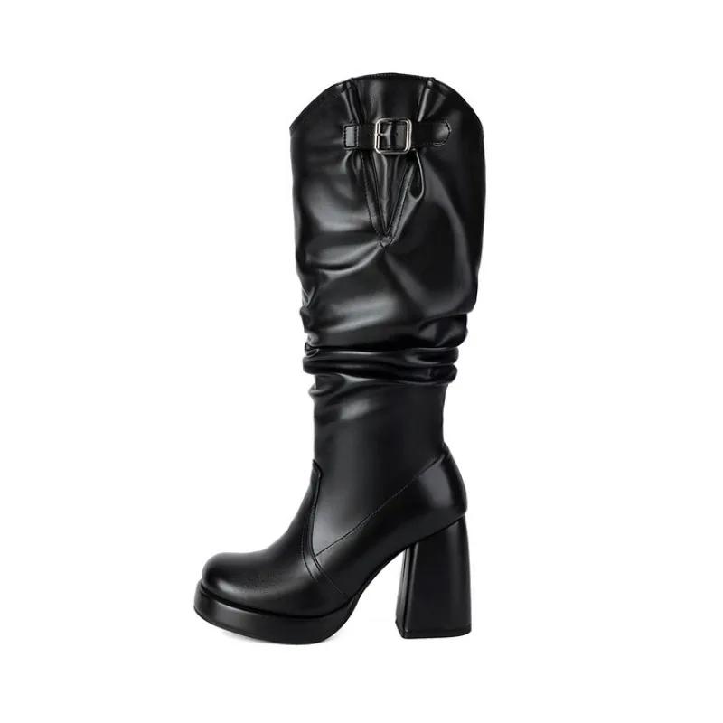 Fashion New Solid Color Pleated Laziness Style Black White Knee High Boots Women Sexy 9.5cm High Heels Fashion Show Long Boots Size34-46