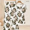 Women Plus Size Round Neck Short Sleeve Floral Printed Knot Hem Top Long Pants Two Piece Set