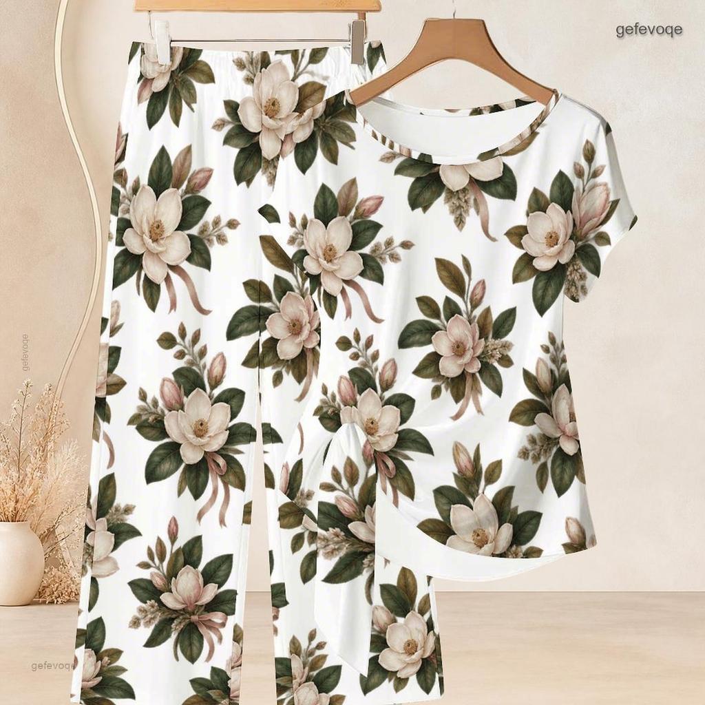 Women Plus Size Round Neck Short Sleeve Floral Printed Knot Hem Top Long Pants Two Piece Set