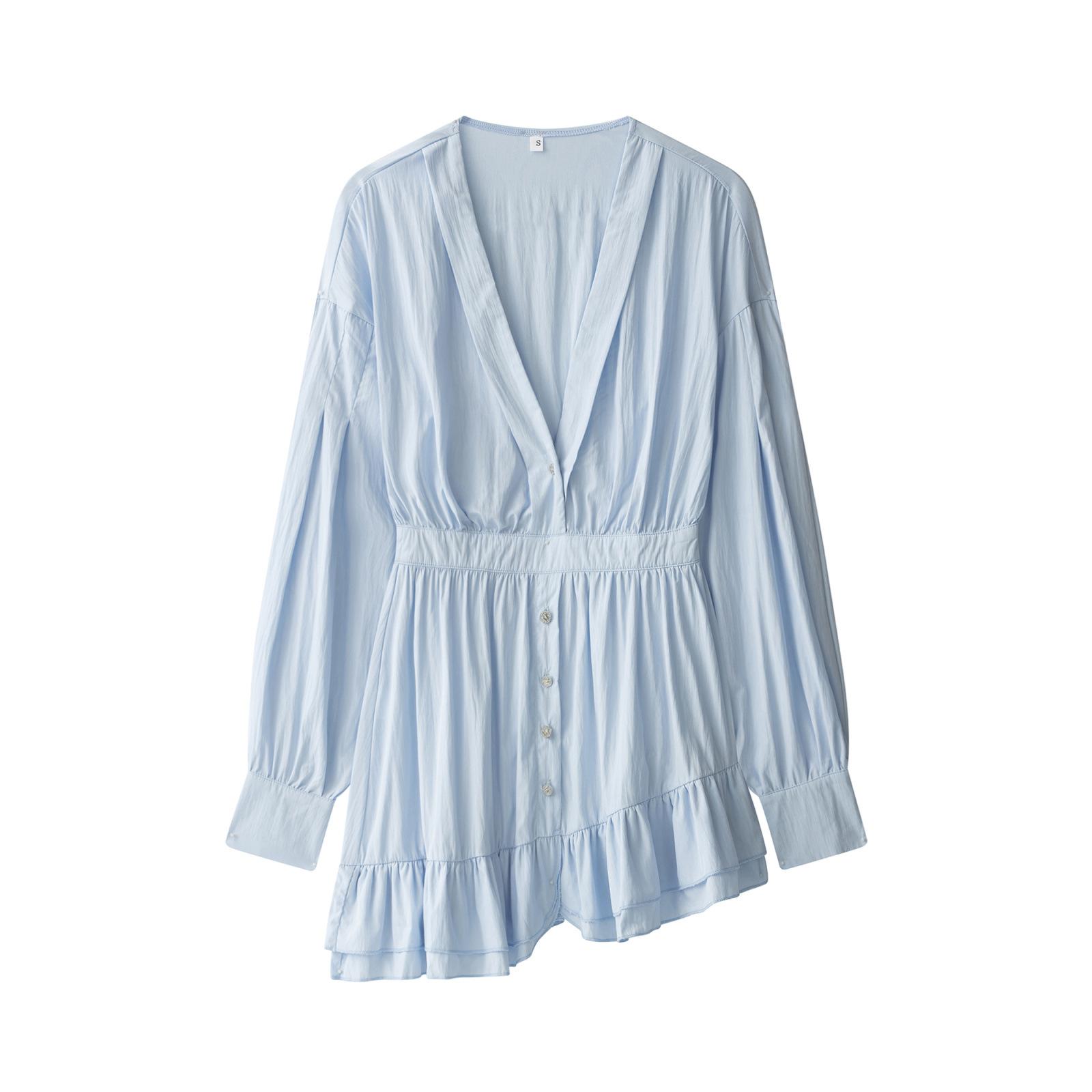 

Light Yellow V-Neck Ruffled Hem Skirt L світло-синій колір